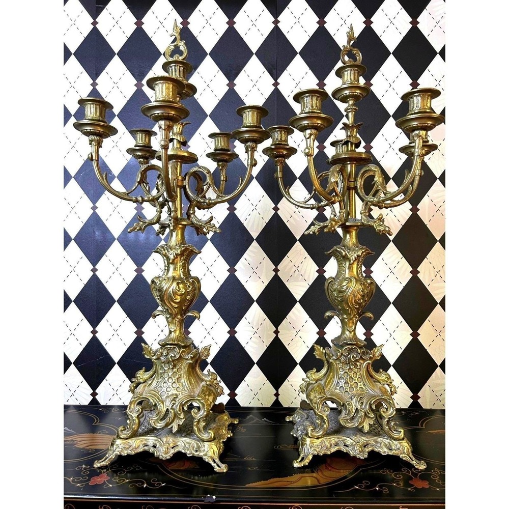 Grand-sized Brass‎ Rococo Candelabra Pair 28in Baroque 6 Arm Candle Holders